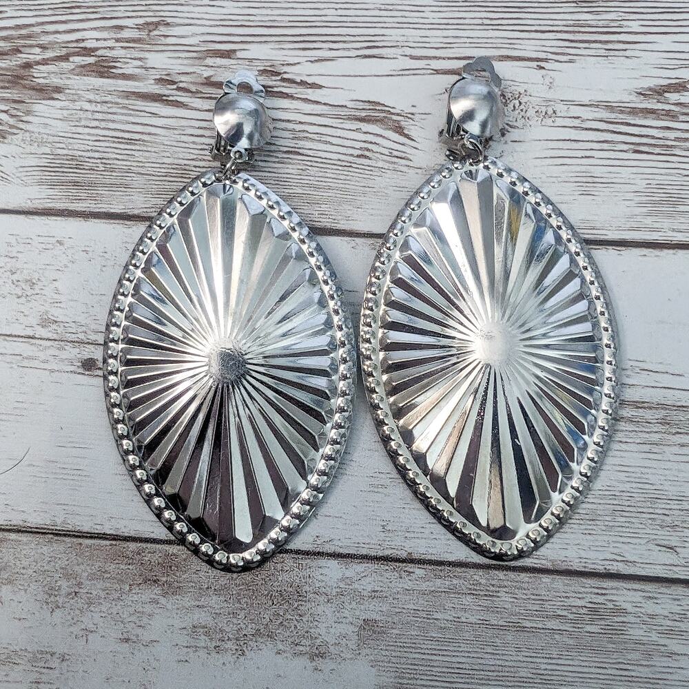 Vintage Clip On Earrings - Extra Large Silver Tone Dangle - Some Bronzing